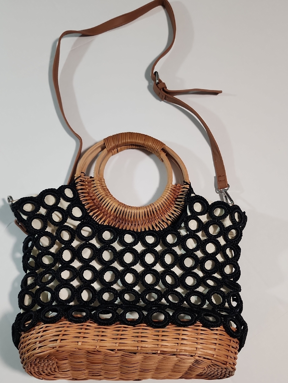 Wicker Purse with Crocheted Rings Summer Convertible Shoulder and Hand Bag